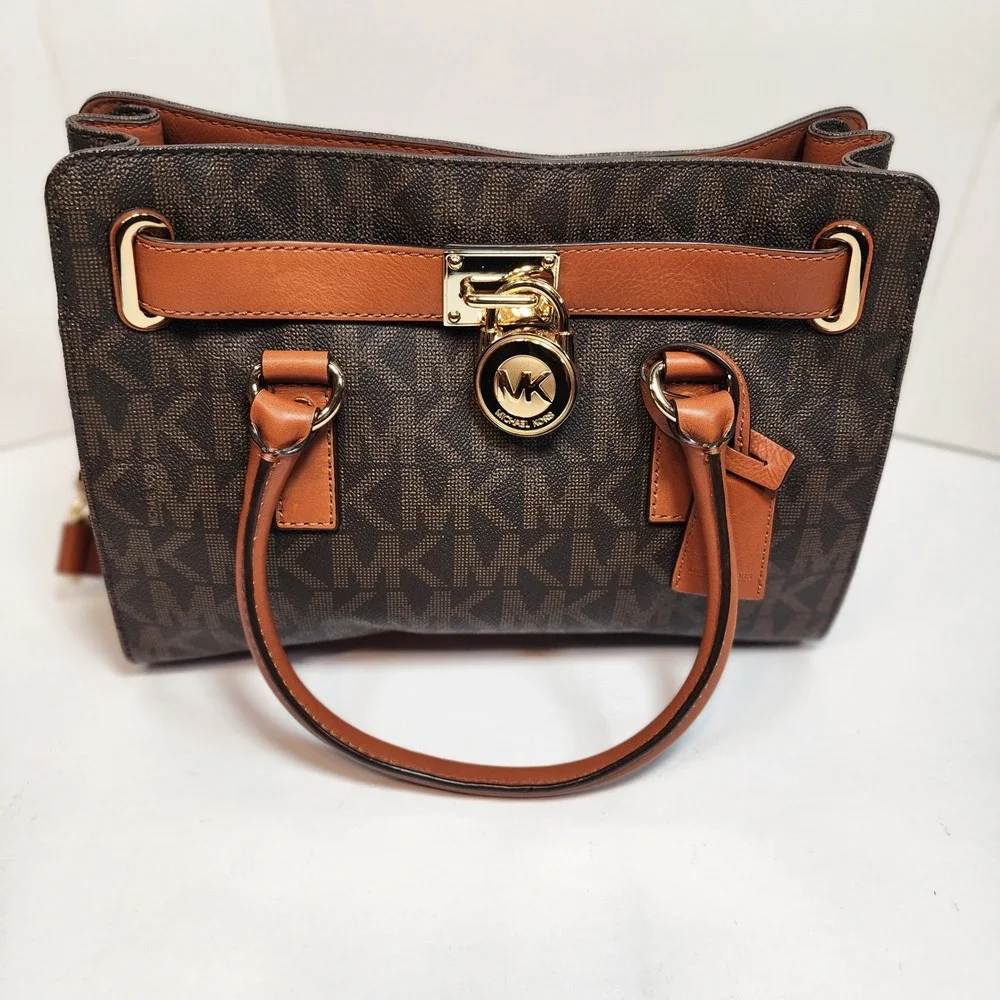 Michael Kors Hamilton Satchel Brown Monogram Canvas Tan Leather Gold Padlock Bag